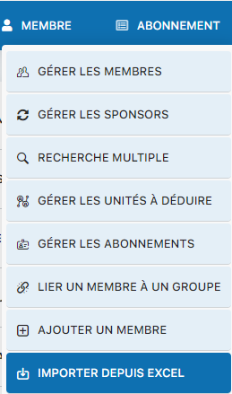 Menu Importer depuis Excel